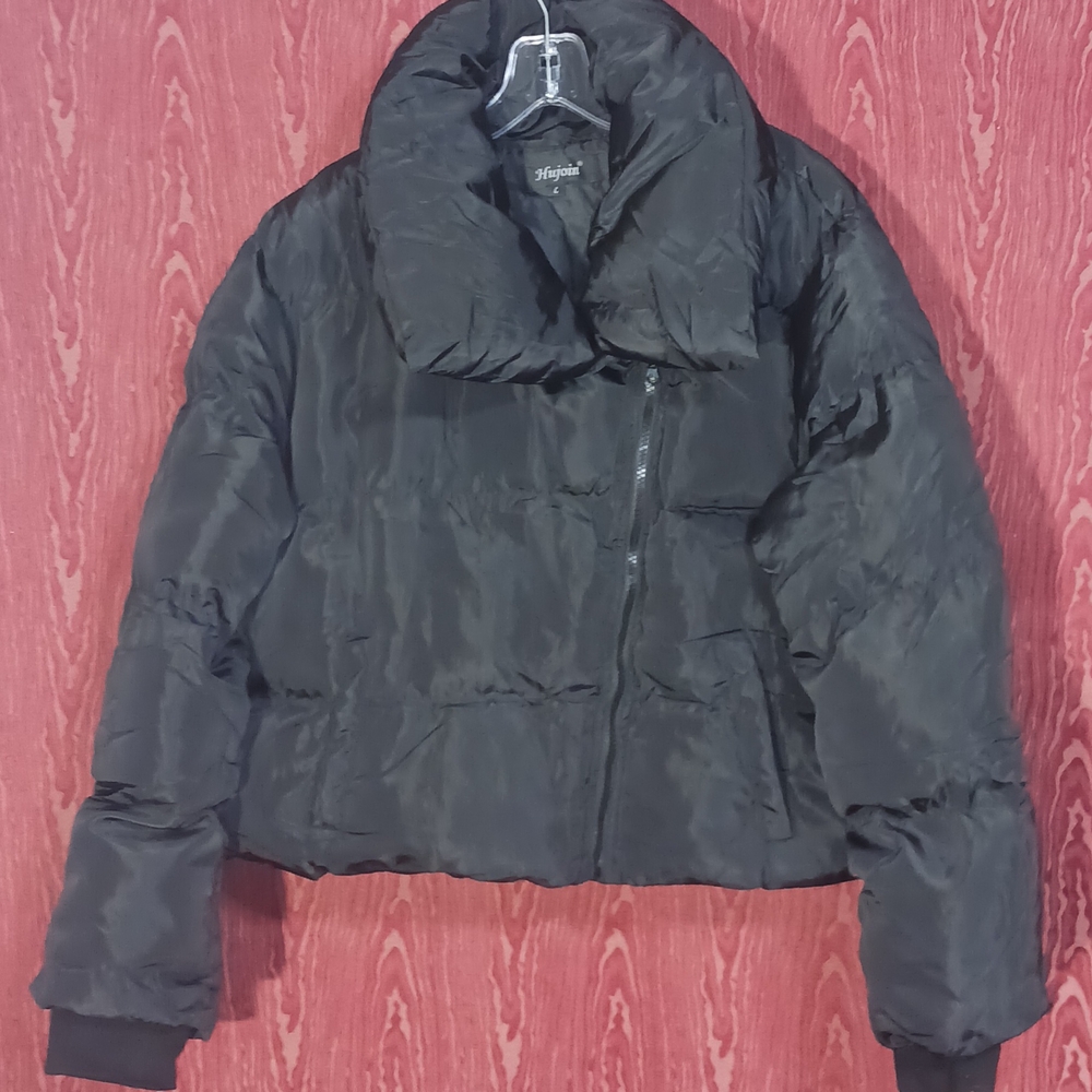 HUJOIN Black Oversized Collar 2 Pockets Short Puffer Winter Jacket Women's Sz L